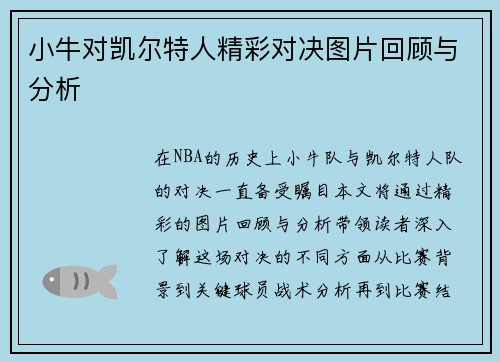 小牛对凯尔特人精彩对决图片回顾与分析